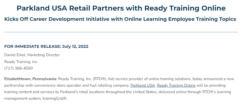 Parkland USA press release announces partnership with Ready Training Online, written by Whitney L. Wagner